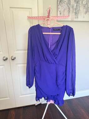 Double Crazy Purple Chiffon Long Sleeve Ruched Mini Dress